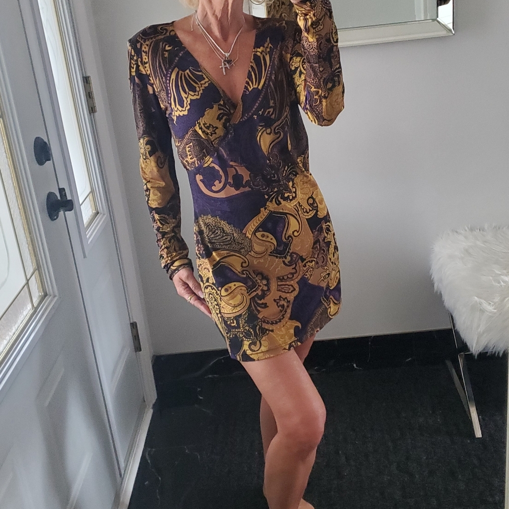 Donna Paisley Baroque Purple Gold Wrap Style Mini Dress